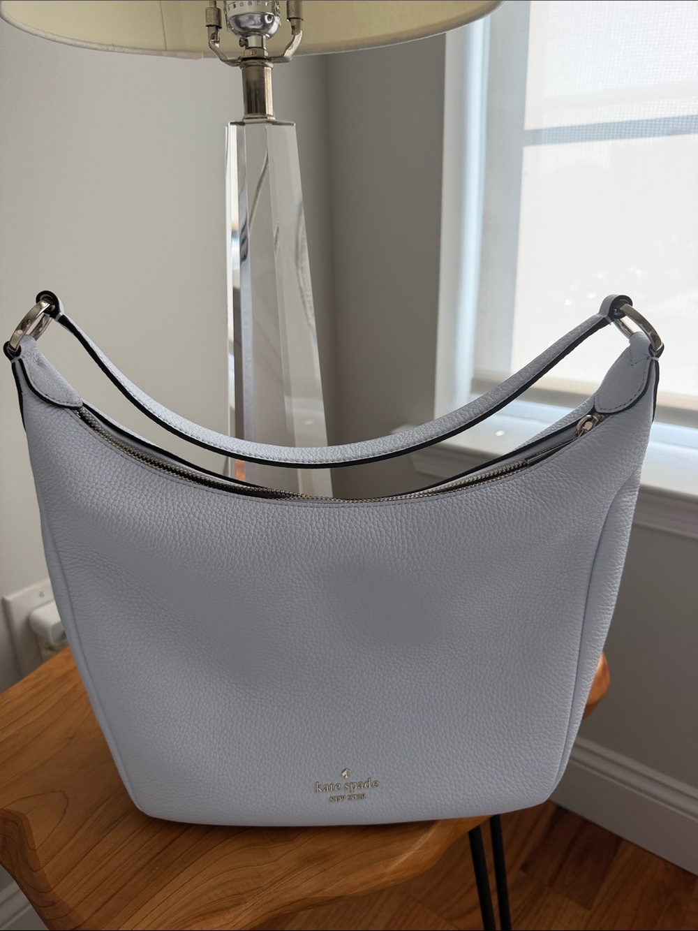 kate spade light gray blue pebbled leather shoulder bag